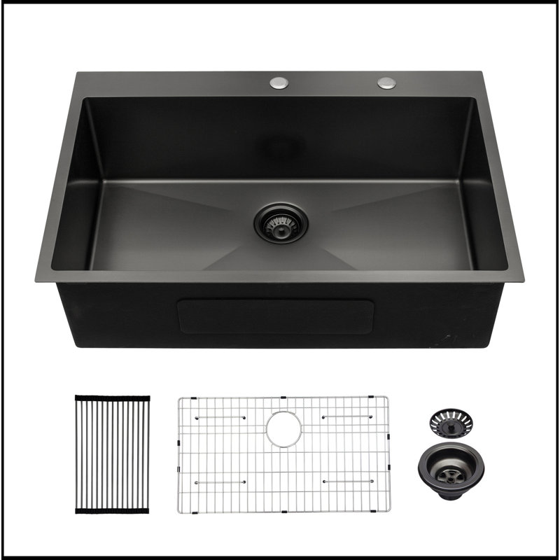 Kitchen Sink Drop In Gunmetal Black 16 Gauge Stainless Steel 30" Single Bowl Topmount Kitchen Sink Basin