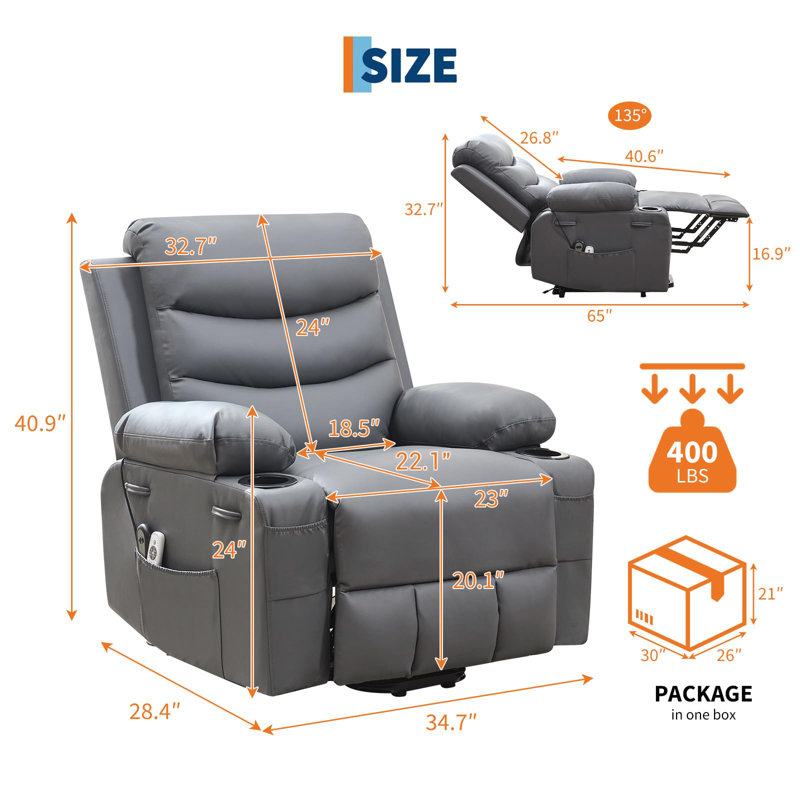 34.7" Oversize Electric Power Lift Recliner with Heat and Massage, Stand Assist Linen Recliner for Elderly, Gray