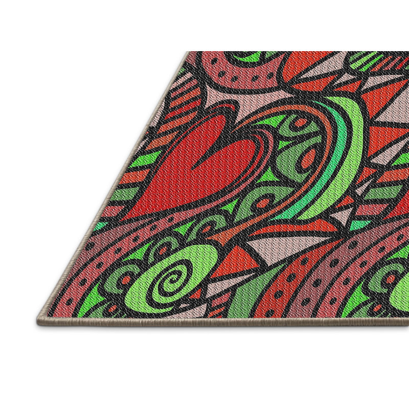 Rouge abstrait/Tapis décoratif vert, Rectangle 8 pi x 10 pi
