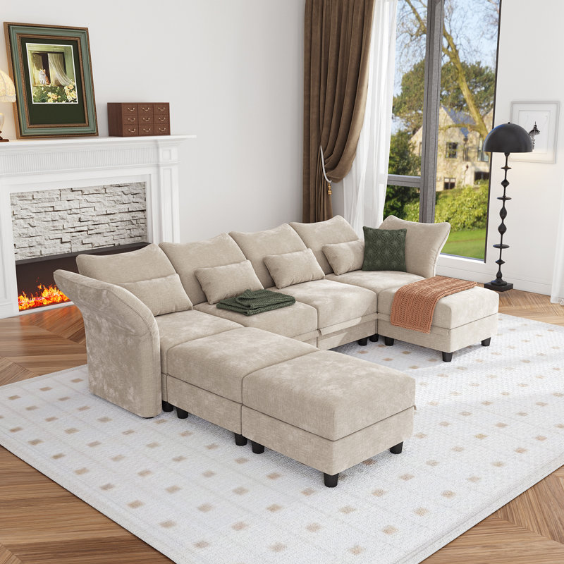 Harlaii 102'' 7 - Piece With Storage, Ivory Velvet