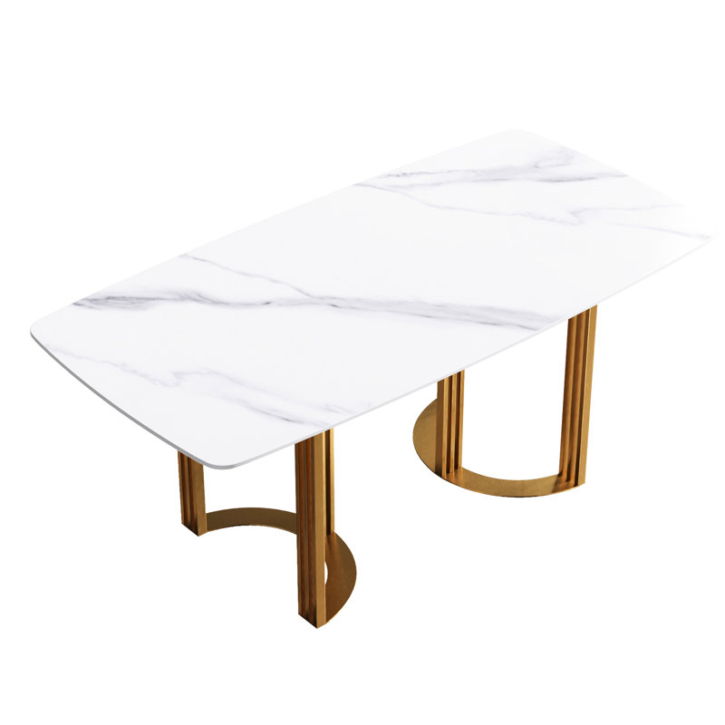 Table de salle à manger 72,37 "en pierre frittée blanche, spacieuse pour 6 à 8 personnes, avec des pieds en métal dorés