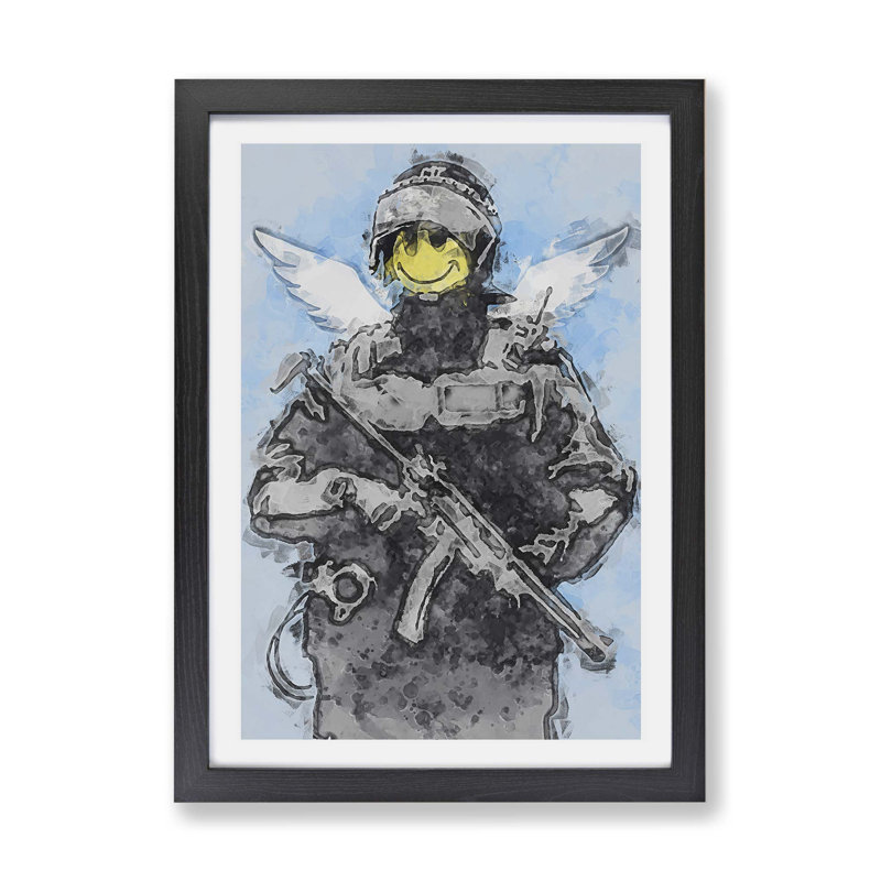 Smiley Policeman by Banksy - Framed Print, 45cm H x 63cm W x 2cm D, Black