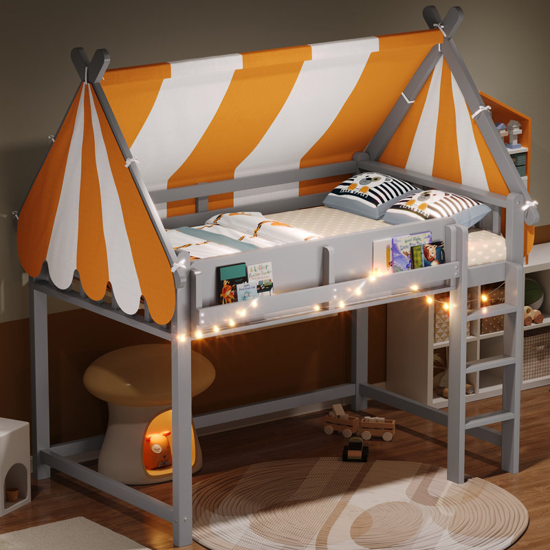 Kids Loft Bed With Canopy, Front Book Shelf, Wood Frame, With Led String Lights, Contemporary, Kids Bedroom, Gray, Full