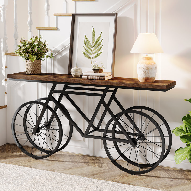 Console en bois manufacturé et en acier avec base de vélo industrielle Jurel , Brun rustique, Noir