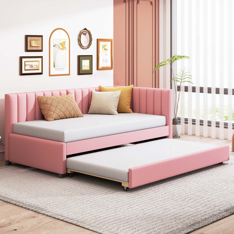 Upholstered Daybed With Trundle Twin Size Sofa Bed Frame No Box Spring Needed, Linen Fabric, Twin, Pink