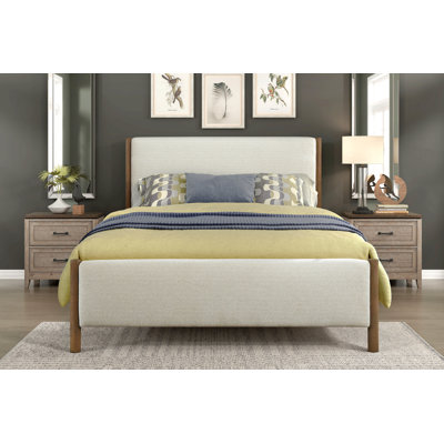 Lit plateforme California King Size, revêtement en chenille beige, bois massif, mobilier de chambre contemporain