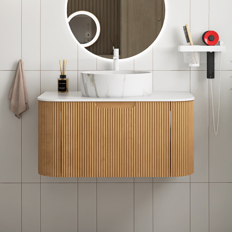 Meuble-lavabo mural avec plateau et tiroir, Naturel, 30", Marbre