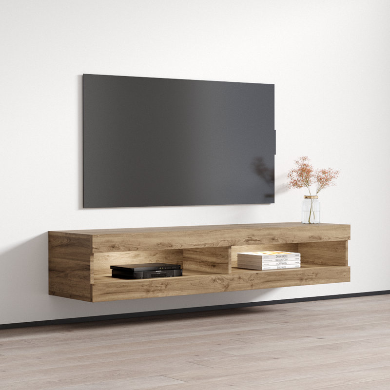 Fly 63" Modern Floating Wall Mounted TV Stand with LED Lighting, High Gloss Finish, Oak