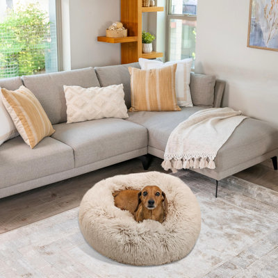 Lit pour chien et chat Donut, fausse fourrure à poils longs, taupe à poils longs