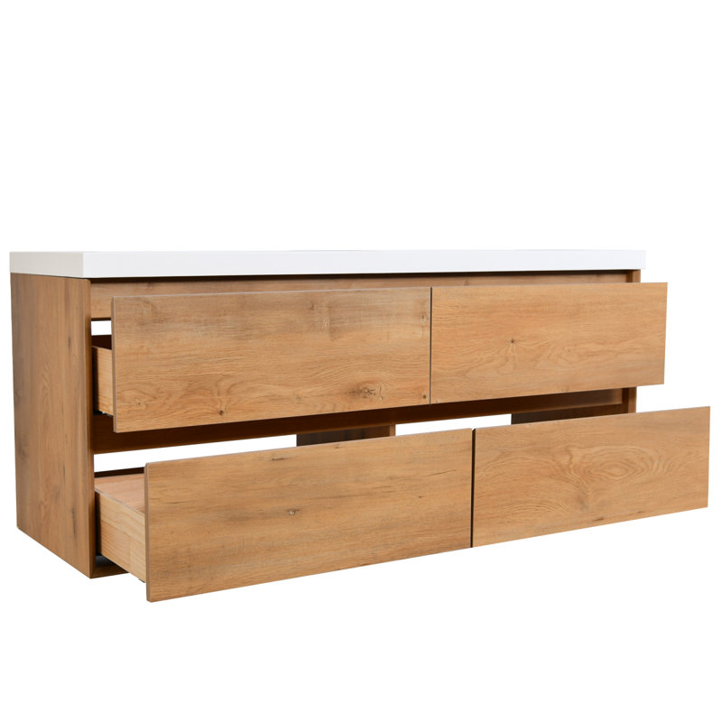 Meuble-lavabo moderne peu encombrant avec lavabo en bois de chêne doré et résine