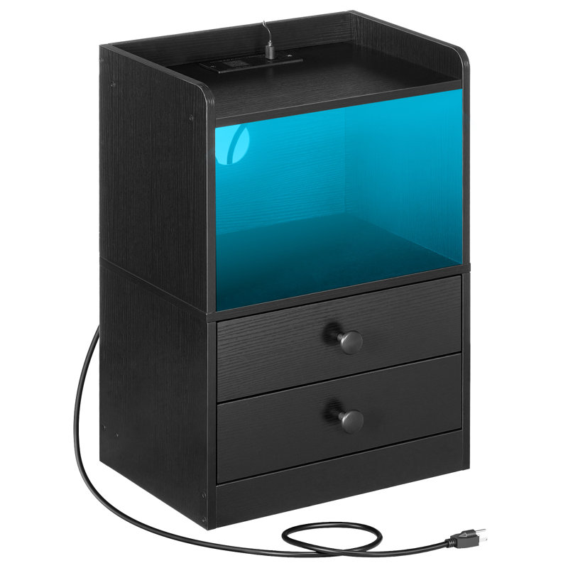 Geil 2 - Drawer Nightstand with Charging Station and LED Lights, End Table with 2 Drawers and Storage, Black