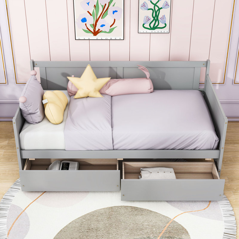 2 Drawers Twin Wood Daybed, Semi-Enclosed Design, Gray