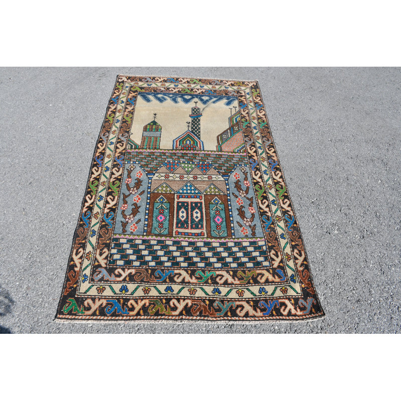Tapis turc Oushak rétro fait à la main avec de la laine biologique et un motif artistique - bleu / rose SN-6018