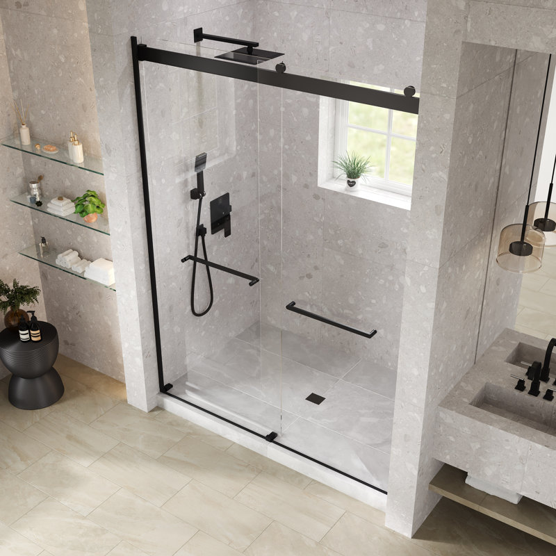 Eviva Luxor 60 po X P 78 po H Porte de douche coulissante sans cadre en noir mat avec verre trempé, Noir mat