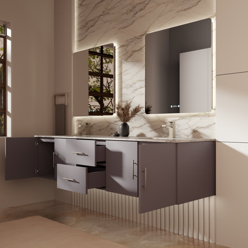 Ensemble de meuble-lavabo double mural 80 "Geneva, Gris foncé, Marbre de Carrare blanc