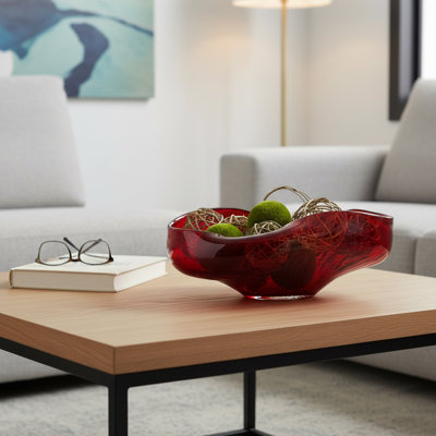 Bol décoratif abstrait ovale en verre décoratif pour la maison - Bol décoratif moderne pour table basse, console de vestibule et décoration de table de cheminée - 16 po, rouge