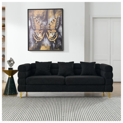Ensemble de canapé luxueux en tissu noir Teddy - Mobilier de salon moderne à 6 places avec pieds en métal doré