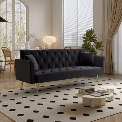 Modern Convertible 72 Inch Foldable Sleeper Sofa With Tufted, American Retro Style, Made Of Black Velvet Material, Suitable For Small Living Rooms, Be