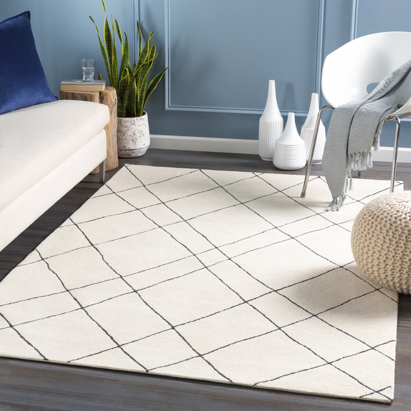 Tapis noir / crème en laine touffeté à la main à motif géométrique Seaton, Rectangle 5 pi x 7 pi 6 po