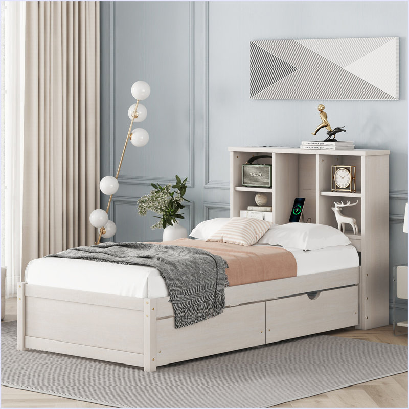 Modern Twin Size Bed Frame With Built-In USB Port On Bookcase Headboard And 2 Drawers, White Washed