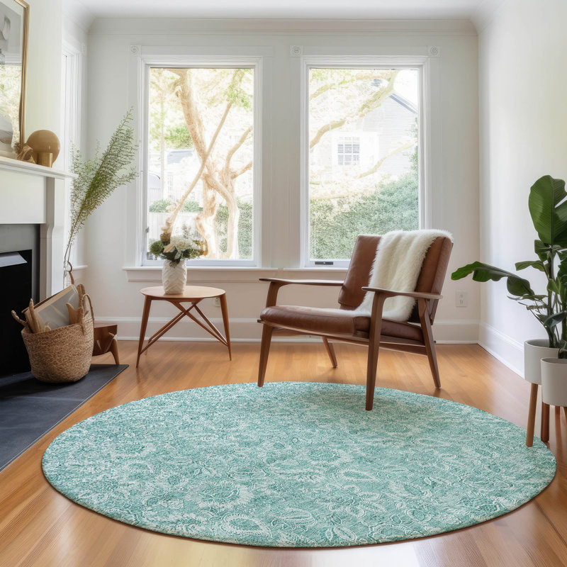Premium Machine Washable Prisco Teal Rug, Round 8'