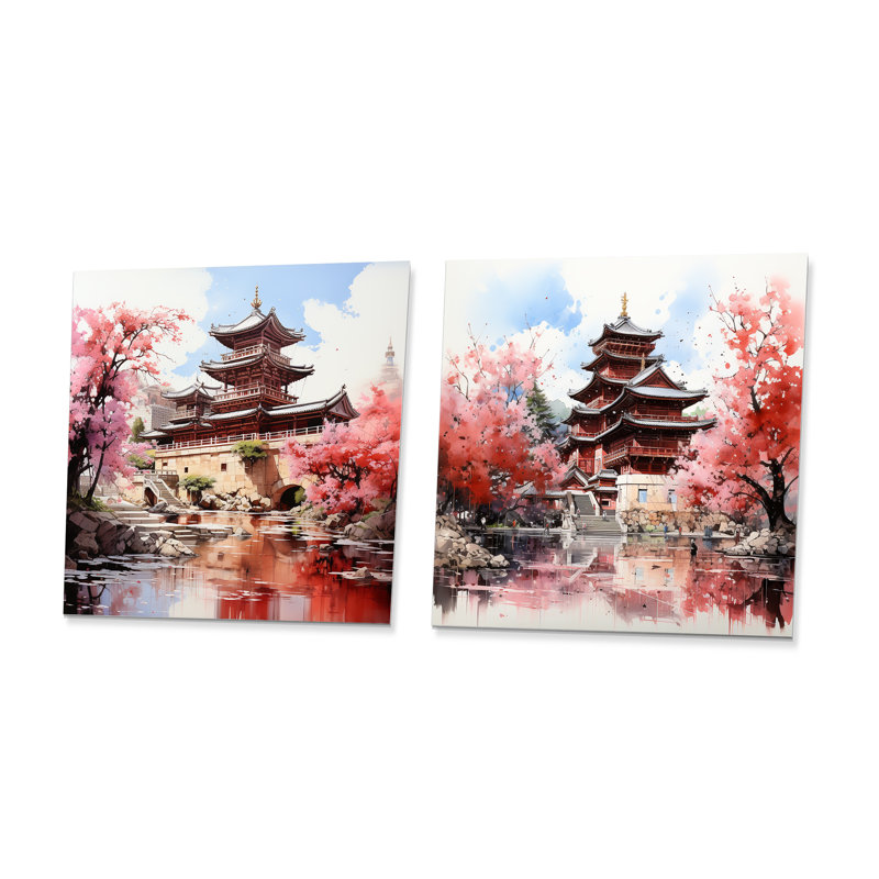 Printemps, Chine, sérénité au temple I - Ensemble de 2 décorations murales chinoises en métal, H 16 po x l 32 po