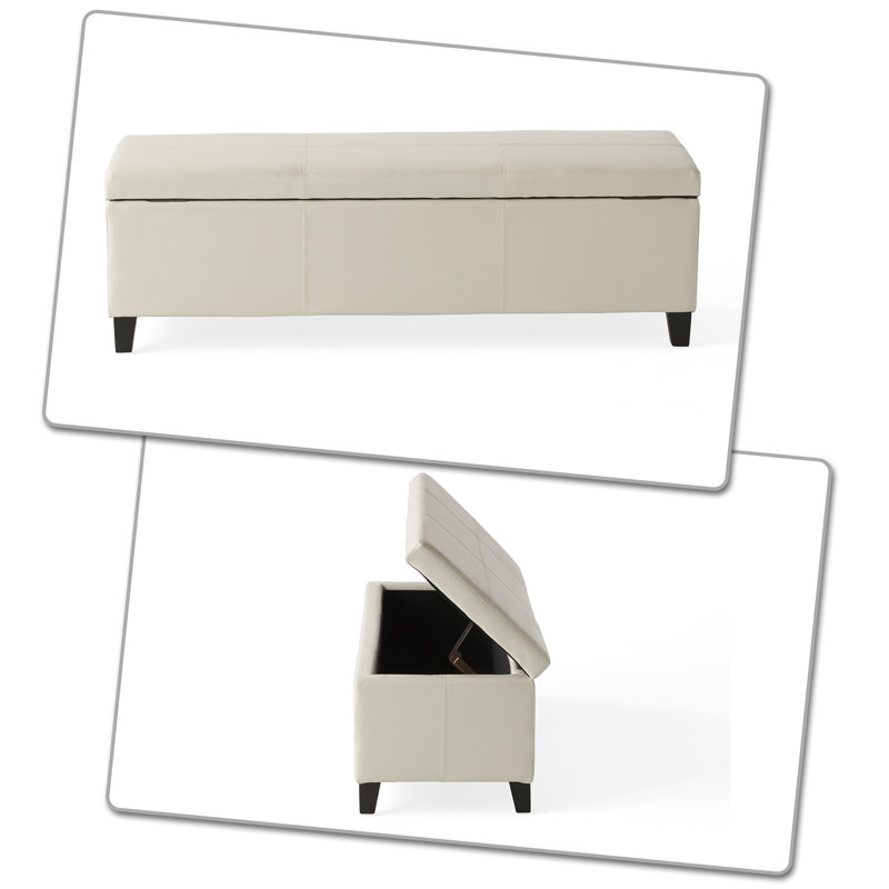 Haelly Faux Leather Modern luxury style upholstered bench with wooden legs and hidden storage for hallway bedroom, Ivory