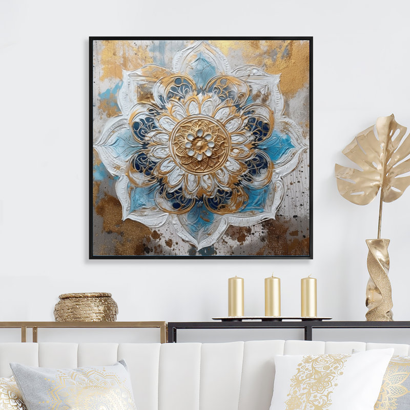 «Blue and Gold Mandala I» sur toile, H 30 po x l 30 po x P 1 po, Cadre flottant noir