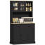 Armoire de cuisine avec support pour micro-ondes, huche de cuisine moderne de 71 po avec portes en verre, tiroirs de rangement et tablettes réglables pour la salle à manger, noir, bois-288424217