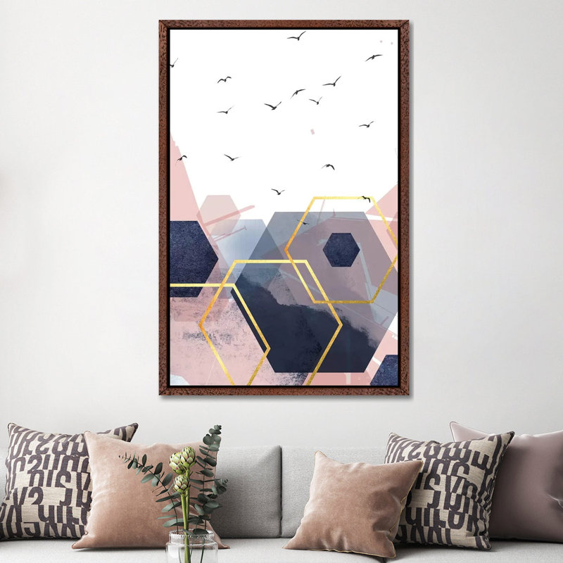 Abstract Navy Blush Gold II by Urban Epiphany - Print on Canvas, 152.5 cm H x 101.5 cm W, Classic Brown Wood Framed