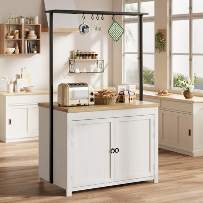 42-Inch Kitchen Cart with Storage - 2-Tier Shelves and 5 Hooks in White and Natural Wood for Kitchen, Dining or Living Room
