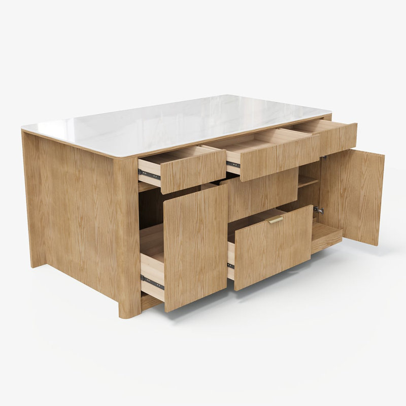 72" Sintered Stone Top Solid Wood Kitchen Island With Storage Natural, Natural/Glossy White