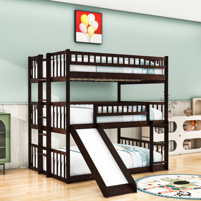 Full Over Full Over Full Bunk Bed With Convertible Slide And Ladder,Guardrails