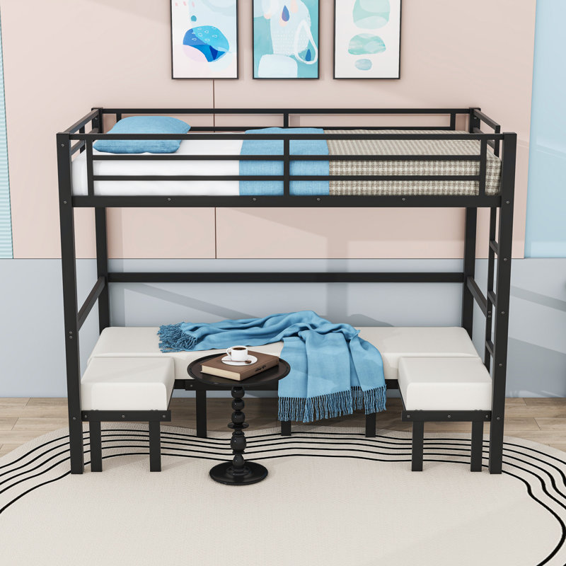 Metal Bunk Bed with Full Rail Top, Pull-Out Lower Bunk, and U-Shaped Sofa Design, Twin XL Over Twin XL