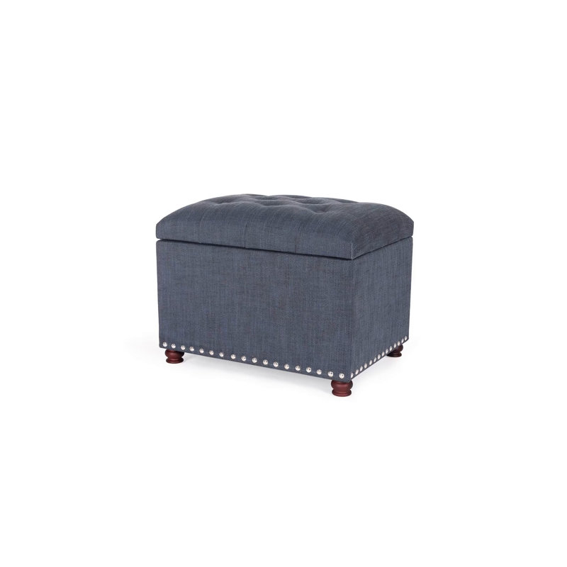 Gray Tufted Fabric Storage Ottoman with Nailhead Trim
