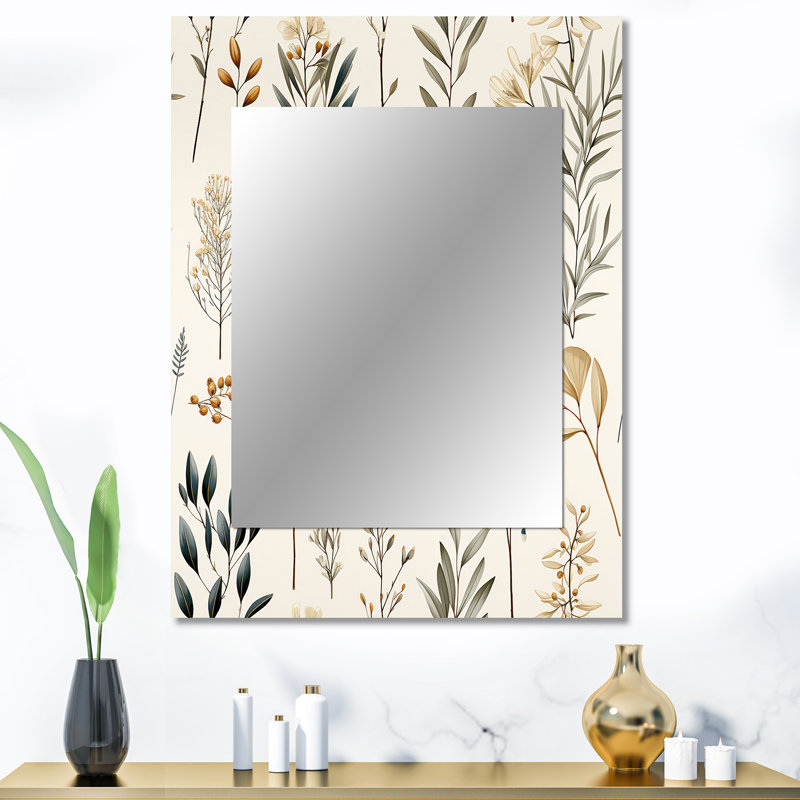 Ashien Botanical Sketched - Plants Decorative Mirror, Boho Large Wall Mirror, Printed Metal Art, 40" x 30"