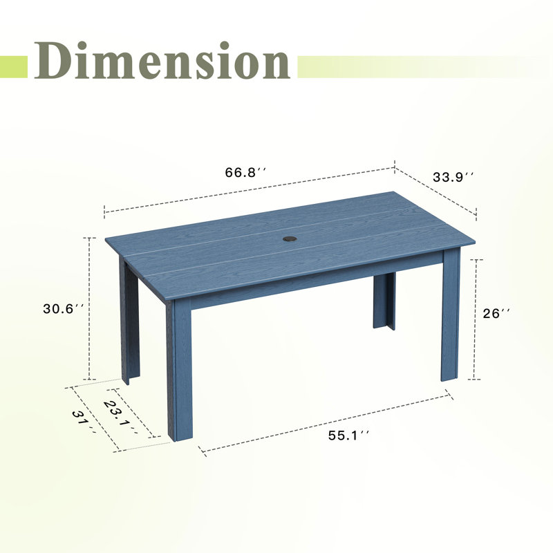 Table de salle à manger rectangulaire en PEHD pour l'extérieur avec trou pour parasol, Navy