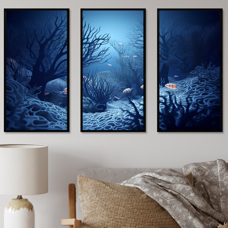 «Blue and Black Underwater World - Coastal Coral Under Water», ensemble d'art sur toile, Cadre flottant noir