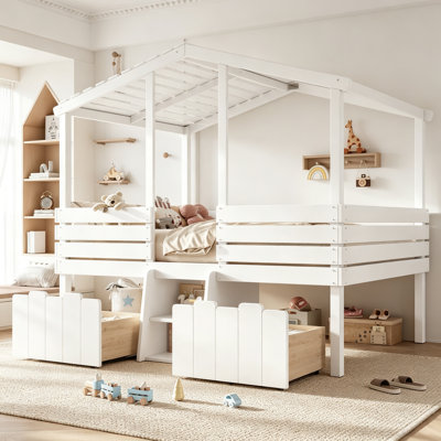 Lit mezzanine double avec de jolis escaliers et 2 grands tiroirs de rangement, lit mezzanine bas avec toit en forme de maison, conception enfantine et sans sommier, style maison de campagne, blanc