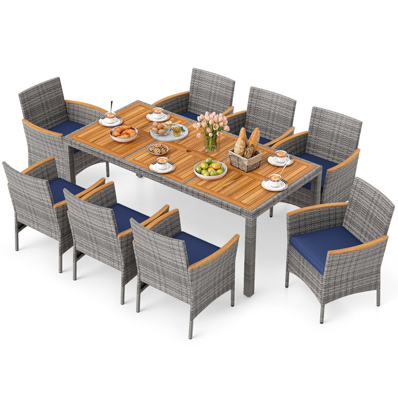 Ensemble de salle à manger 9 pièces pour 8 chaises de table et en rotin avec trou pour parasol 2 po bleu marine 9 pièces