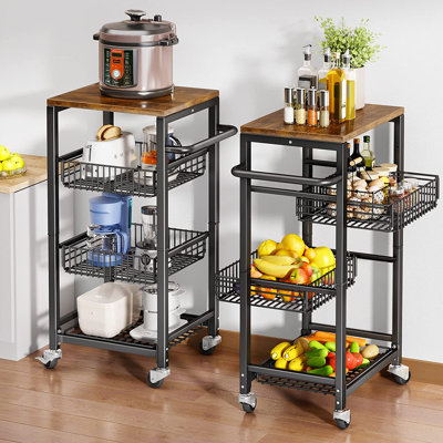 3 Tier Kitchen Rolling Storage Cart With Solid Wood Top And Wheels, Utility Fruit And Vegetable Basket Cart For Onion And Potatoes, Black .