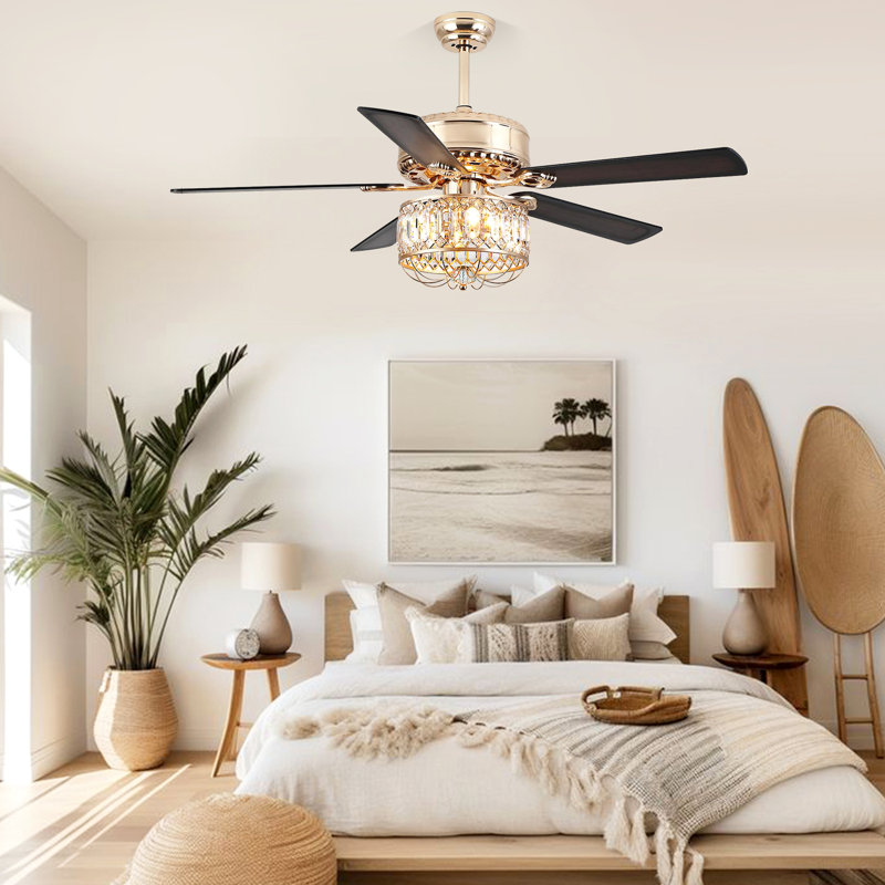 52" Indoor Crystal Ceiling Fan Fandelier With Lights And Remote Control, Gold