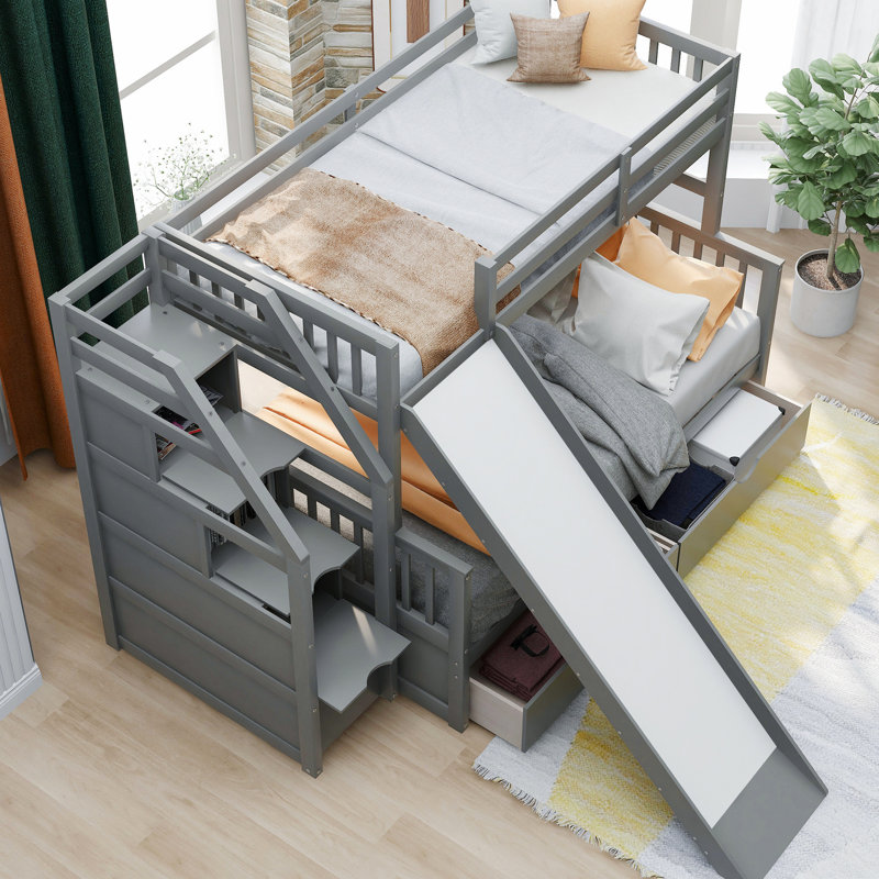 Lit simple superposé au-dessus d'un lit double gris - Comprend des tiroirs, une étable et un espace avec rangement de tiroir. Style sécuritaire. Glissière multifonctionnelle peu encombrante