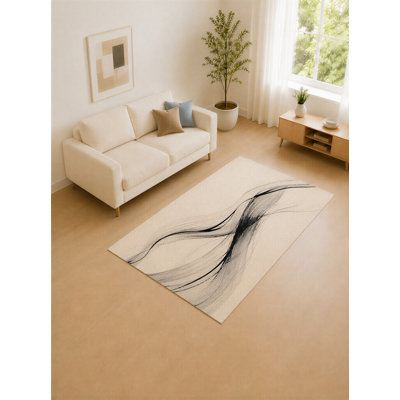 Tapis à lignes fluides noir et ivoire «Ultra Léger» 5 pi x 7 pi pour le salon, tapis doux à poils courts avec envers en silicone antidérapant, décoration pour la chambre à coucher et le bureau personnel