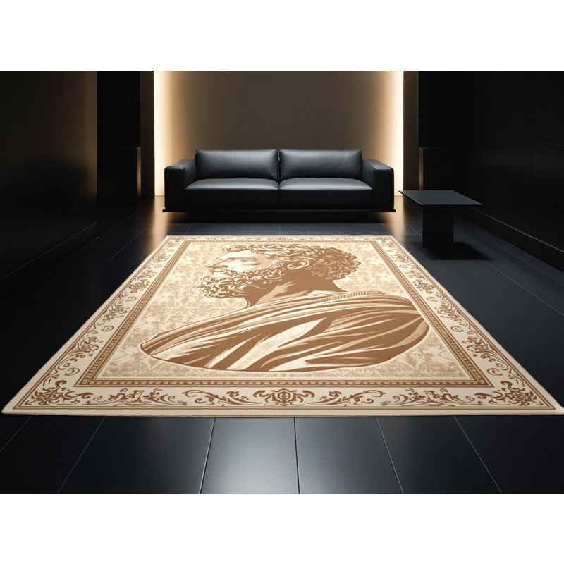 Machine Washable Parnika Ancient Philosopher Bust Classic Damask Rug in Beige – Beige Binding, 7x9