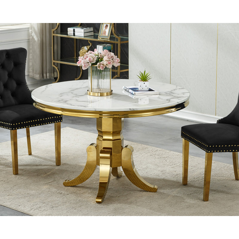 White Marble Dining Table, Luxurious 44.88" Circle Dining Room Table with Printed Marble Top and Stainless Steel Pedestal, Modern Round Kitchen Table for 6
