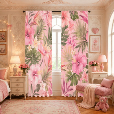 2Pcs Tropical Floral Curtains, Light Filtering Fabric, Lush Pink Hibiscus and Green Leaf Print, Vintage Botanical Design, Rod Pocket for Bedroom, Living Room, Balcony Home Decor