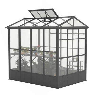 6.5X8ft Greenhouse, Polycarbonate Green House With Fully Auto Temperature Control Vent, Outdoor Full Aluminum Heavy Duty Greenhouse With Extra 7.8FT Walk-In Height For Garden Backyard, Dark Grey
