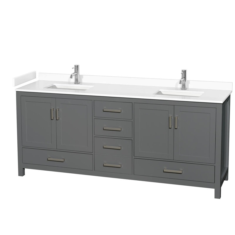 Sheffield 80" Double Bathroom Vanity Set, White Cultured Marble, Dark Gray