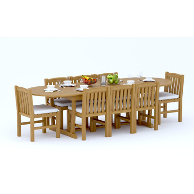  Ensemble de salle à manger 7 pièces en bois de teck de qualité A: table de chevet ovale à double tréteaux de 118 po et 6 chaises sans accoudoirs Devon # 11DV2700